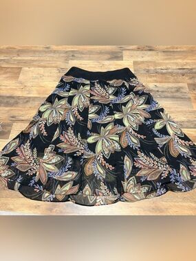 JM Collection Women’s Floral Midi Skirt Size 12 Black Multicolor Lined Pull-On